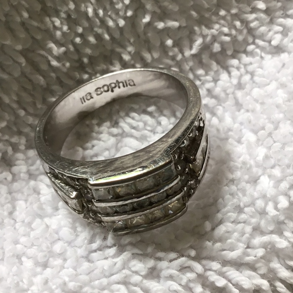Lia Sophia Wide Band Ring with Clear Stones - Silver tone